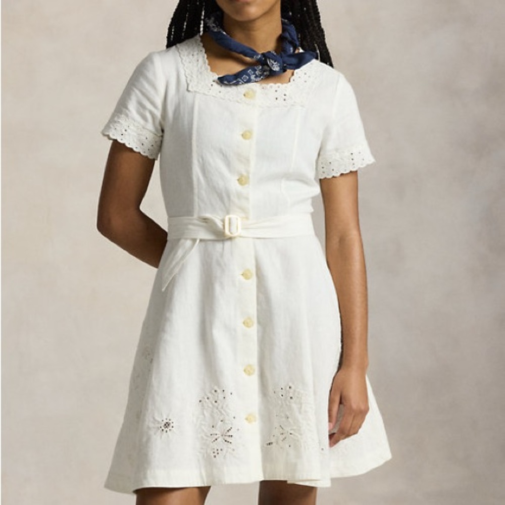 Ralph Lauren Embroidered Linen-Cotton Dress Size 12